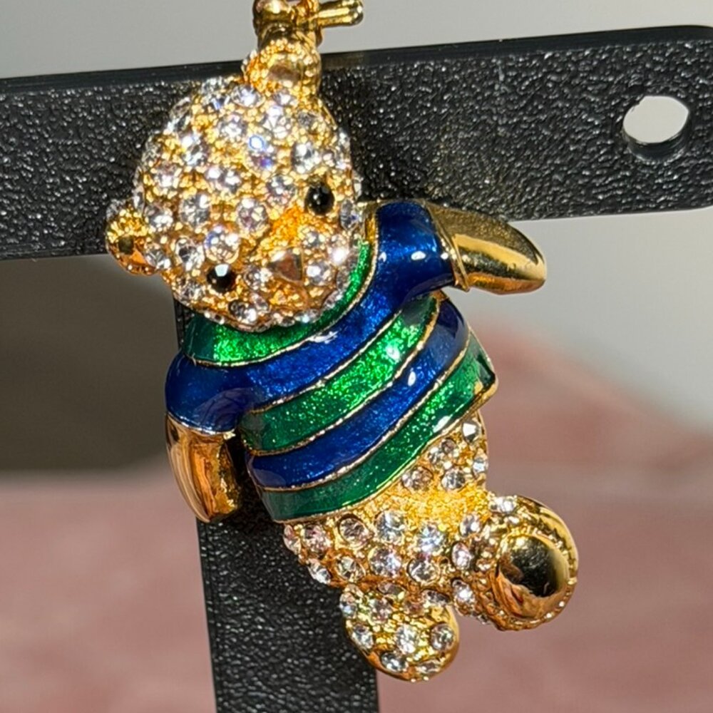Vintage Teddy Bear Rhinestone & Enamel Brooch
